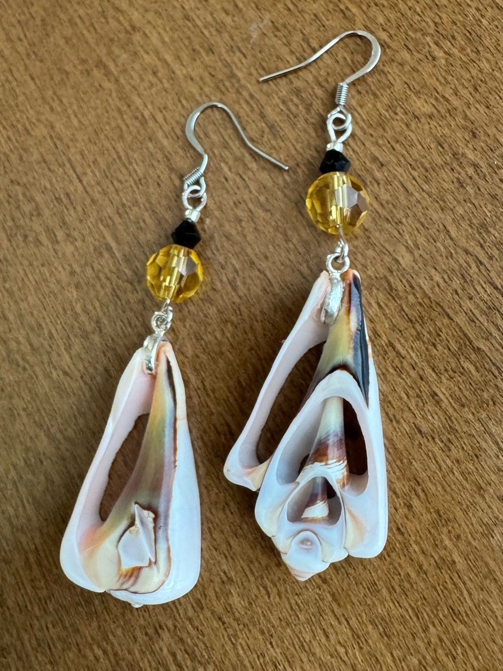 Sliced Conch Shell Dangle Earrings with Gold & Black Faceted Crystal Accents